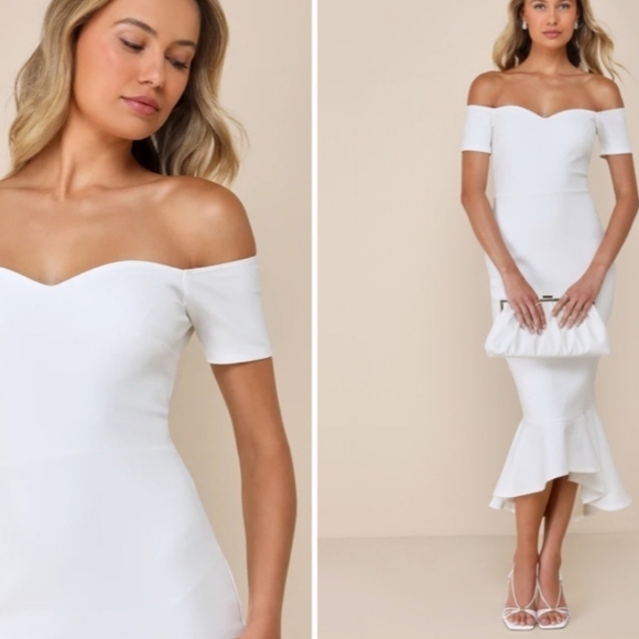 Lulu's How Much I Care ivory off shoulder fitted bodycon trumpet midi dress - Picture 4 of 12